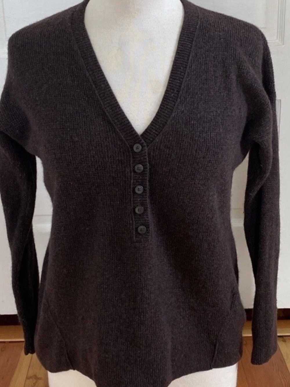 Madewell Dark Brown V-Neck Button knit Henley Sweater alpaca wool blend small